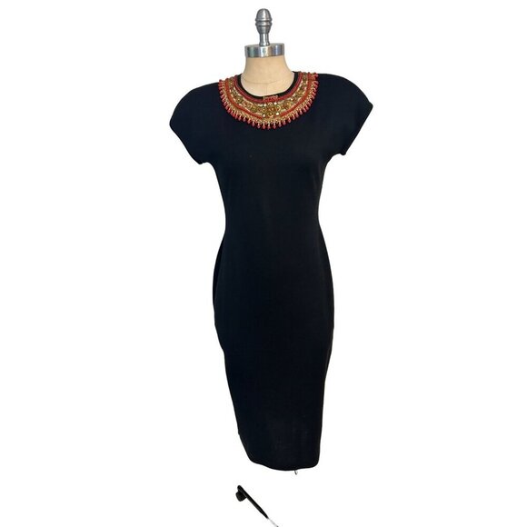 Theomiles Black Dress With Red & Gold Beaded Embellished Collar Medium - Picture 1 of 6